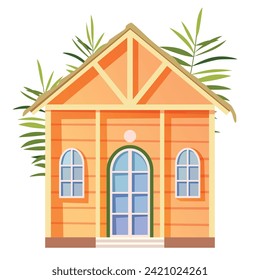Vektorgrafik einer Fassade mit Palmenblättern. Holzbungalow mit großen Fenstern und Holzplätzen - Draufsicht