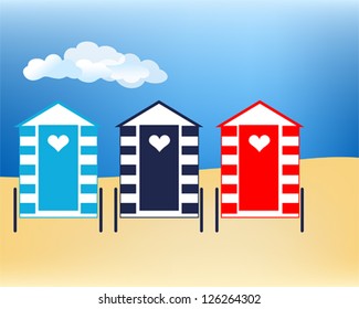 Vector illustration Beach huts at cloudy seaside