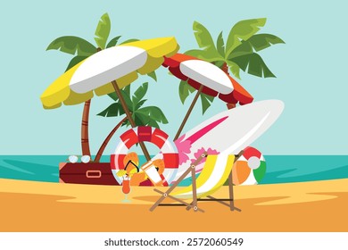 Vector illustration of beach landscape. Cartoon scene of sea, sand, palm trees, beach umbrellas, sun loungers, surfboard, inflatable ring, ball, flip flops, suitcase, sunglasses, cocktail. Vacation.