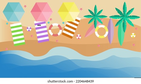 Vector illustration of beach landscape design with shaded umbrellas, trees, balls, float tires, surfboards, drinks, glasses and starfish