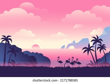 Vector illustration. Beach landscape and flamingos.