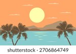 Vector illustration of a beach landscape with palm trees, mountains and a sun. The image captures the beauty of a beach landscape