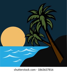 Ilustración vectorial del paisaje de la playa con palmeras