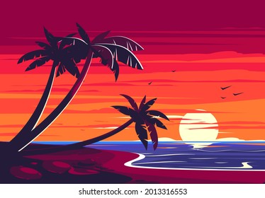 Ilustración vectorial de un paisaje playero con palmeras, vistas al mar con nubes al fondo de la puesta de sol
