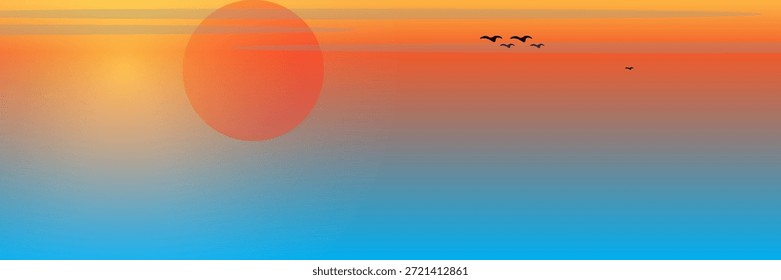 Ilustración vectorial de un paisaje de playa con palmeras, montañas y un sol. La Imagen captura la belleza de un paisaje de playa