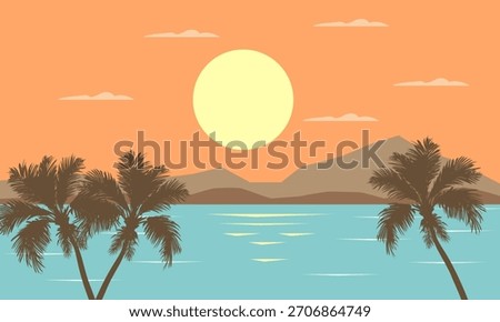 Vector illustration of a beach landscape with palm trees, mountains and a sun. The image captures the beauty of a beach landscape
