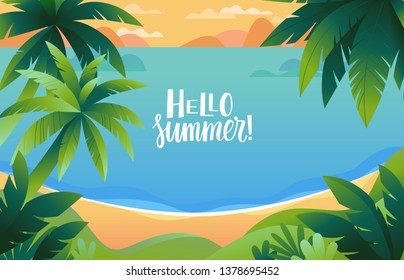 Vector illustration - beach landscape - plants, leaves, palm trees and ocean - background with copy space for text for banner, greeting card, poster and advertising - summer vacation concept 