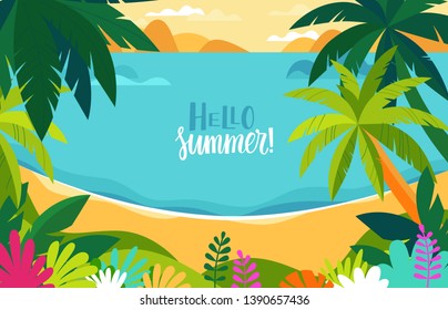 Vector illustration - beach landscape - plants, leaves, palm trees and ocean - background with copy space for text for banner, greeting card, poster and advertising - summer vacation concept 