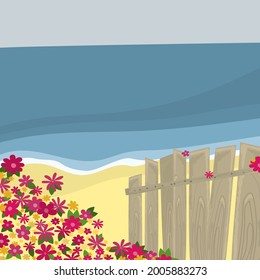 Vector illustration with beach landscape. Beach, sea and fence with flowers.