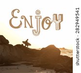 Vector illustration of a beach landscape. Summer sunset by the sea. Surfer with board on coastal rock. Enjoy.