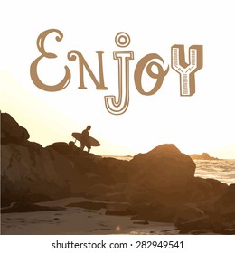 Vector illustration of a beach landscape. Summer sunset by the sea. Surfer with board on coastal rock. Enjoy.