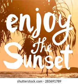 Vector illustration of a beach landscape. Summer sunset by the sea. Beautiful view with silhouettes of palm trees. Enjoy the sunset.