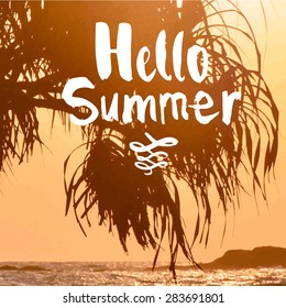 Vector illustration of a beach landscape. Summer sunset by the sea. Beautiful view with silhouettes of palm trees. Hello summer