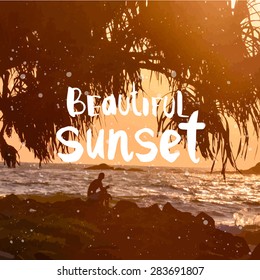 Vector illustration of a beach landscape. Summer sunset by the sea. Beautiful view  with silhouettes of palm trees.