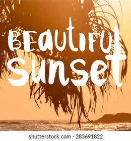 Vector illustration of a beach landscape. Summer sunset by the sea. Beautiful view with silhouettes of palm trees. 