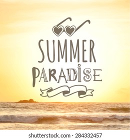 Vector illustration of a beach landscape. Summer sunset by the sea. Summer paradise. View of the warm summer sea.