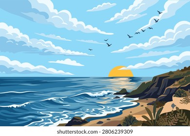Vector illustration of a beach landscape at sunset.