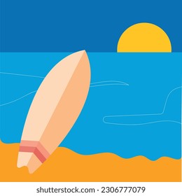 Vector illustration of a beach landscape with a surfboard. Summer activities. Surfing.
