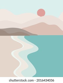 Vector illustration with beach landscapes.Mountains in the background of the sea