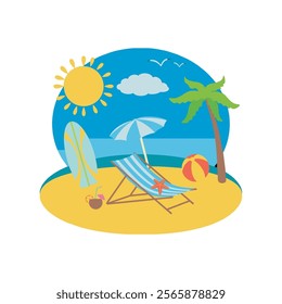 vector illustration of the beach logo, coconut tree, beach, round sand, simple