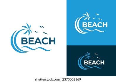 Vector Illustration Beach Logo Design Template Coconut Tree Wave Beach Bird