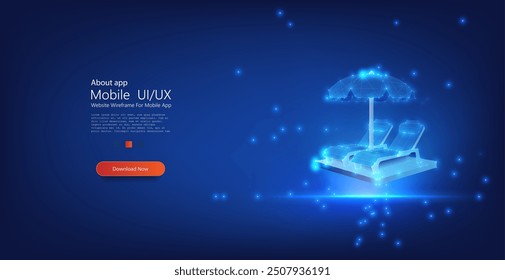 Vector Illustration of Beach Loungers and Umbrella, Night Neon Glow Concept.