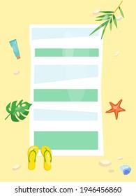Vector illustration of a beach mat and seaside accessories on a sandy background.