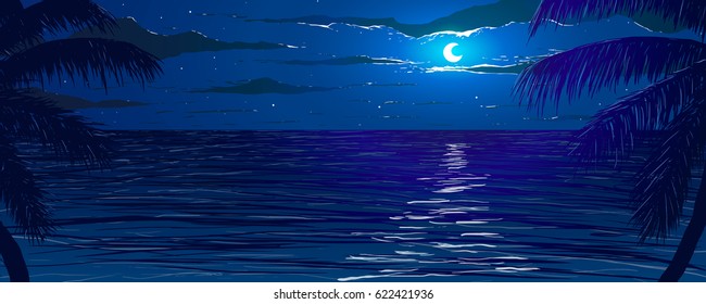 Vector illustration. Beach at night. Silhouettes of palm trees on the background of ocean.