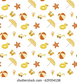 Vector illustration of beach objects. Pattern of sand toys, sunglasses, parasol, ice cream, swimming ring, flip flops, starfish and sun in sand background.