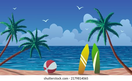 Vector illustration of beach in ocean with palm trees, red beach ball and surfboards.