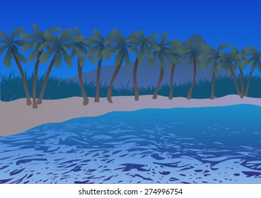 Vector illustration. Beach in the ocean, palm trees.