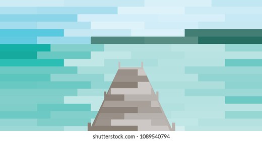 vector illustration of beach on background and wooden dock stylized tiles design