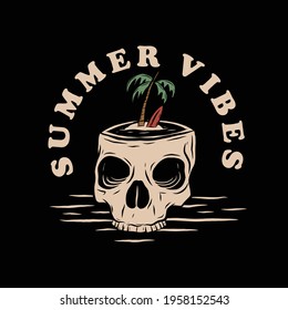 Vector illustration of a beach on skull. For t-shirts, stickers and other similar products.