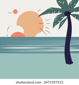 Vector illustration of a beach with a palm tree. Summer picture.