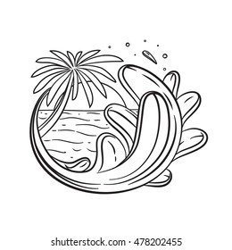 Vector illustration of a beach with a palm tree, sun and a big curly wave on a white background