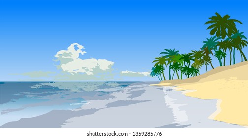 vector illustration ,beach with palm trees and sea,blue sky,sunshine day,outdoor,holiday, white sand