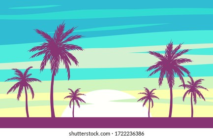 Vector Illustration With Beach and Palm Trees | Paradise Graphic Artwork Postcard