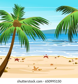 Vector illustration of beach with palms, sand, blue ocean water and sky. Summer tropical view in cartoon flat style.