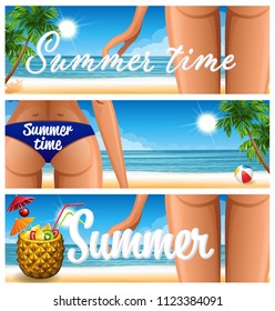 Vector illustration - beach party banner with sea and beautiful girl bottom