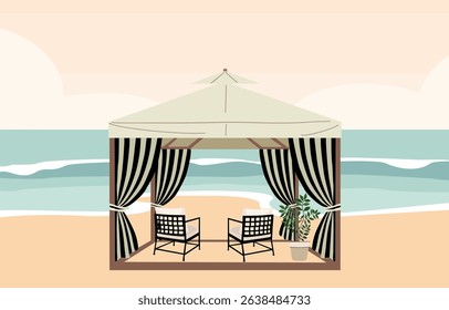 Vector illustration of a beach pergola with beige tent roof and striped curtains, standing on sandy shore with armchairs and potted plant inside. Coastal summer vacation concept
