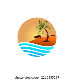 vector illustration of a beach and a pig