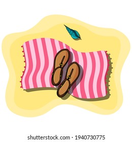 Vector illustration of beach pink towel laying on the sand with women shoes sandals and seashell on top of it. Sandy beach. Summer accessories