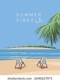 Vector illustration. Beach postcard, cover, summer vibes, hello summer. Modern design. Nature.