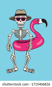 Vector illustration of a beach ready skeleton holding an inflatable pink flamingo