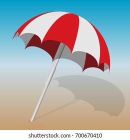 Vector illustration of a beach red and white umbrella against  the background of the sea shore