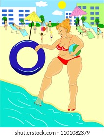 Vector illustration, beach rest, fat woman entering the water