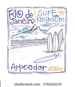 Vector illustration of beach in Rio de Janeiro with surfboards. Drawing in sketch style.