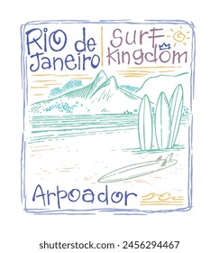 Vector illustration of beach in Rio de Janeiro with surfboards. Drawing in sketch style.