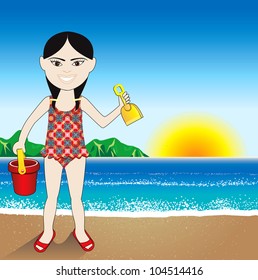 Vector Illustration of a Beach Sand Chinese Girl Background.