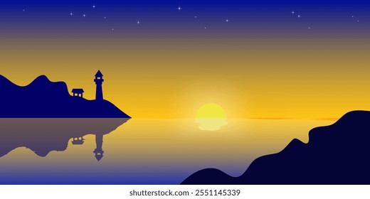 Ilustración vectorial de la escena de la playa al atardecer, Elementos del faro